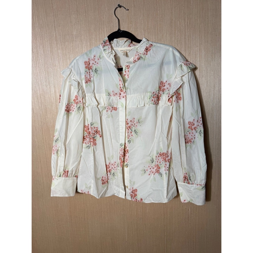 Rebecca Taylor Peasant Cottagecore Ruffle Cotton Blouse Cream Pink Long Sleeve